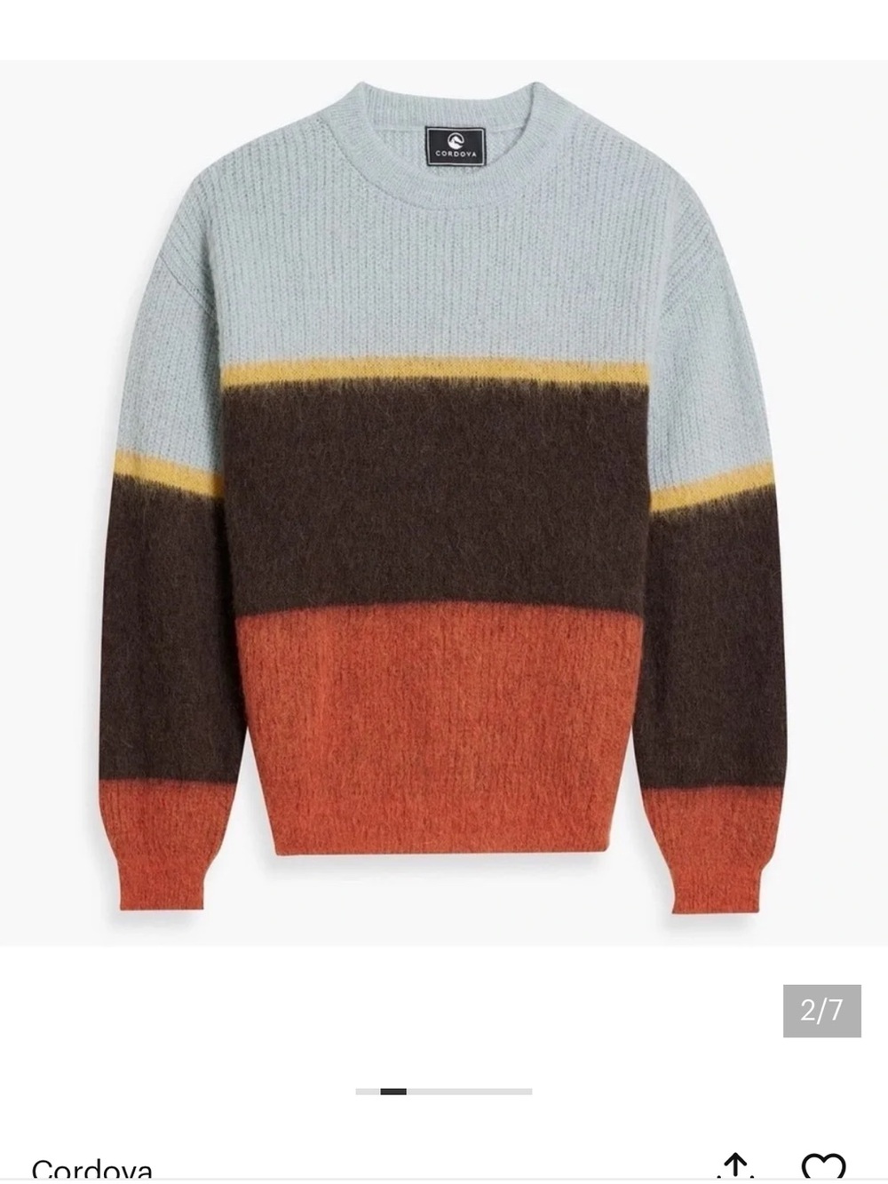 Mohair and Alpaca Crewneck Sweater in Light Blue, Brown & Rust size xs